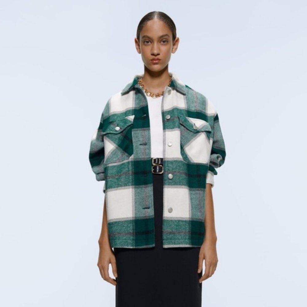 Zara Green Plaid Overshirt Shacket Size XS